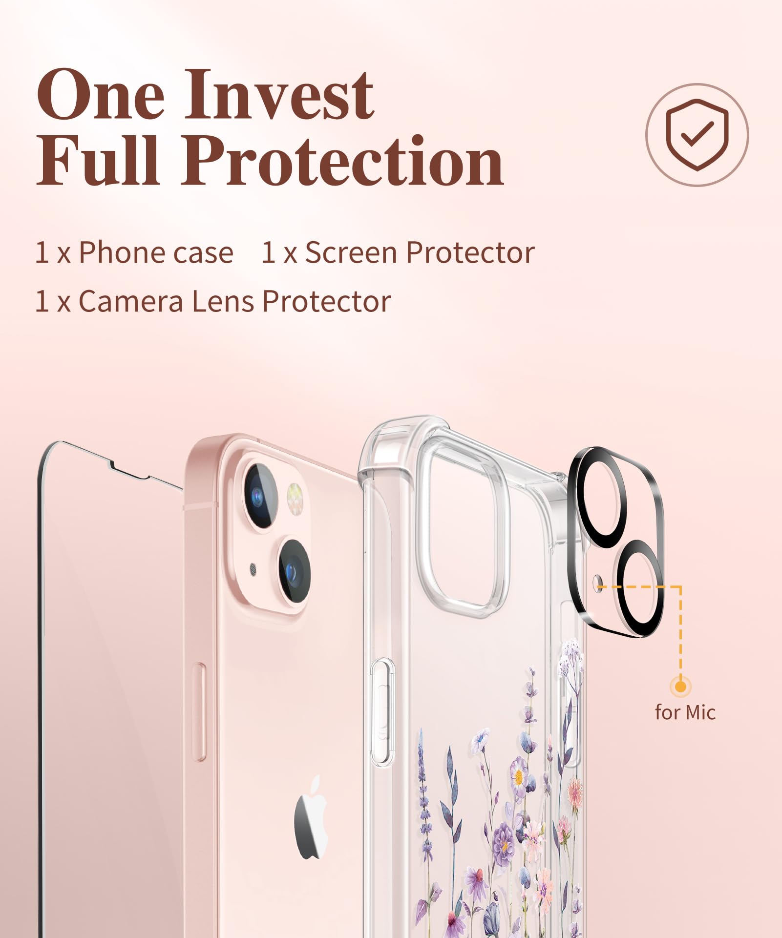 GVIEWIN for iPhone 13 Case Floral, with Screen Protector&Camera Lens Protector,[Non Yellowing] Soft Shockproof Clear Phone Protective Cover for Women, Flower Pattern Design 6.1", Floratopia/Colorful
