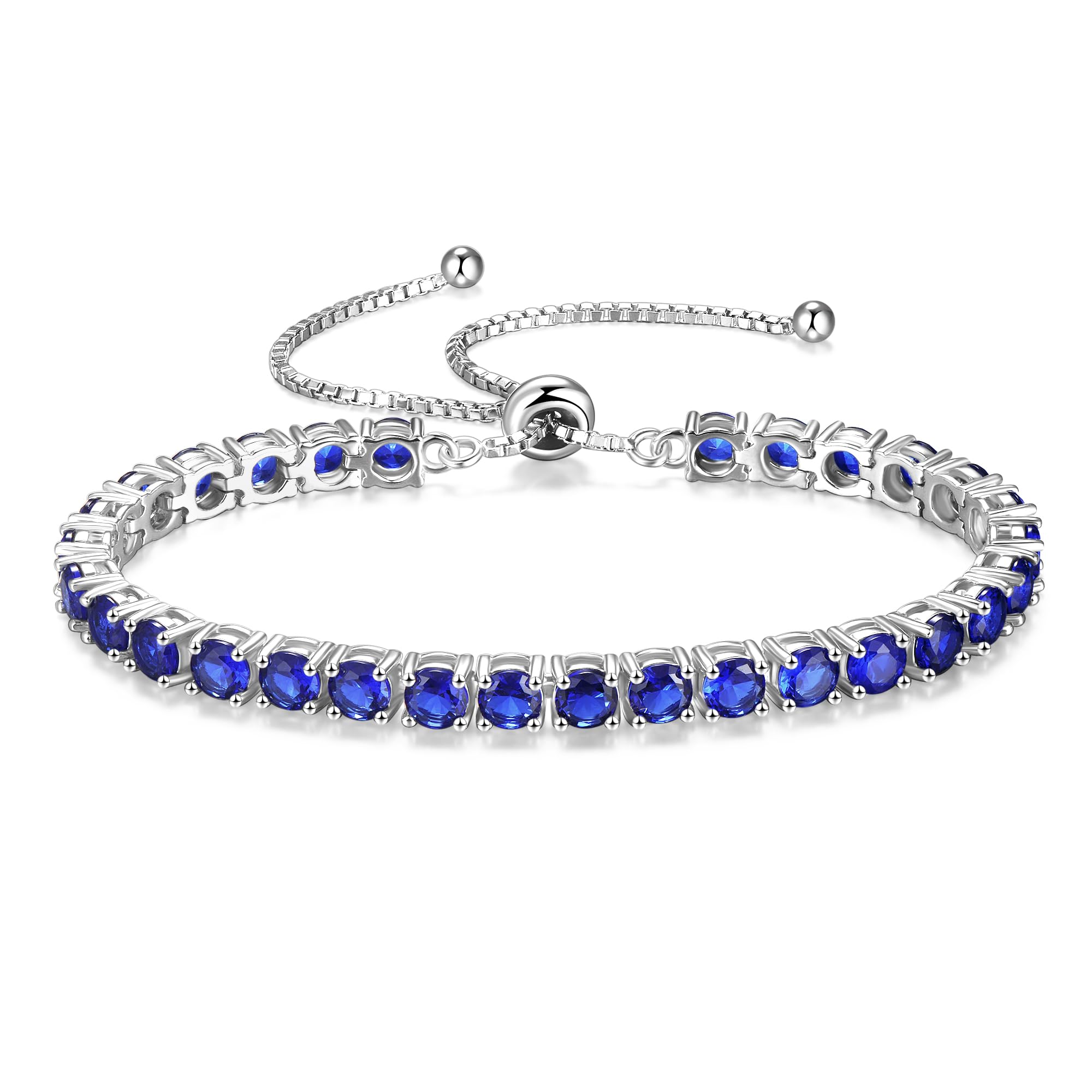 FANCIME September Birthstone Jewelry Blue Sapphire Bracelet for Women Sterling Silver 4mm Gemstone Tennis Bracelet Bolo Adjustable Chain Fine Jewelry Birthday Gifts for Women Mom Wife Her