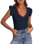 PRETTYGARDEN Womens V Neck Summer Tops Ruffle Sleeveless Slim Fit T Shirts Going Out Casual Blouses 2026 (Navy,Medium)