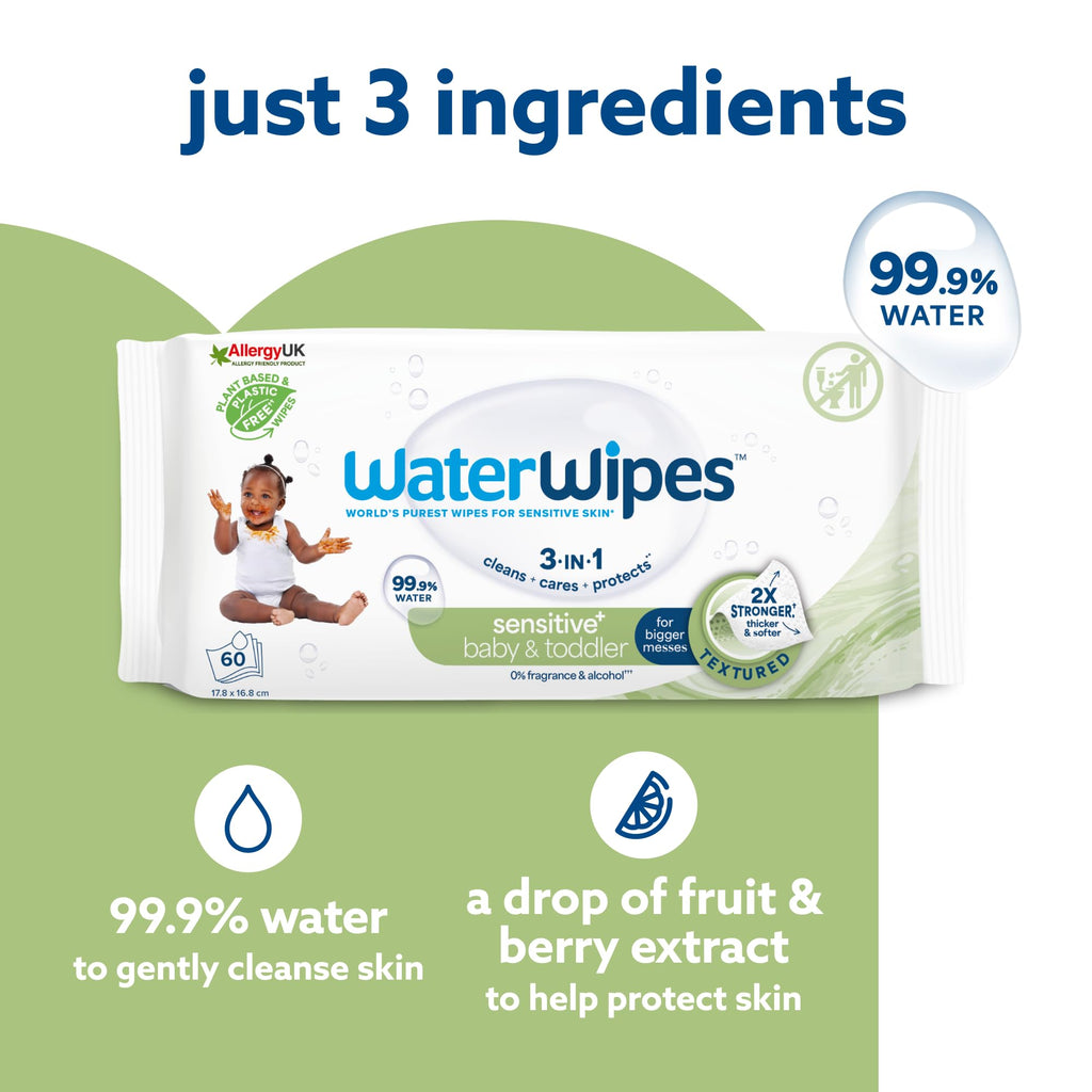 WaterWipes Sensitive+ Baby & Toddler Wipes, 180 Count (3 Packs), 3-In-1 Cleans, Cares, Protects, 99.9% Water, Textured Clean, Unscented