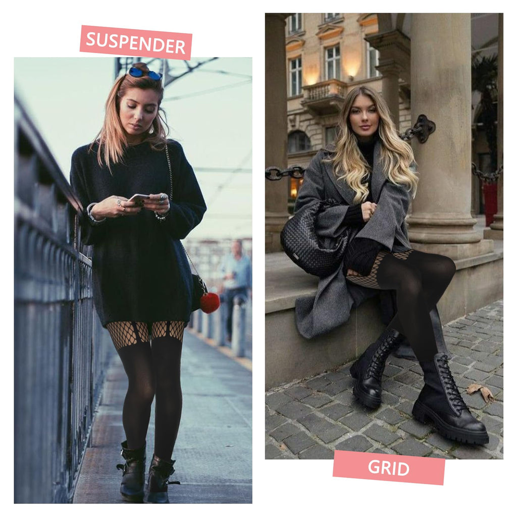 MANZI Faux Thigh High Tights Mock Suspender Pantyhose Striped Goth Fishnets Pack of 2 Grid/Suspender One Size