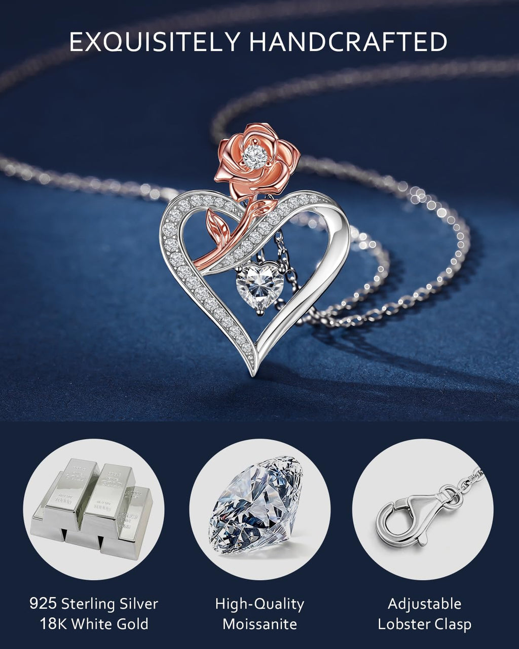 EleShow Moissanite Necklace for Women, Sterling Silver Rose Heart Pendant Necklace, Romantic & Ideal Jewelry Gift for Her on Birthday, Anniversary, Mothers Day