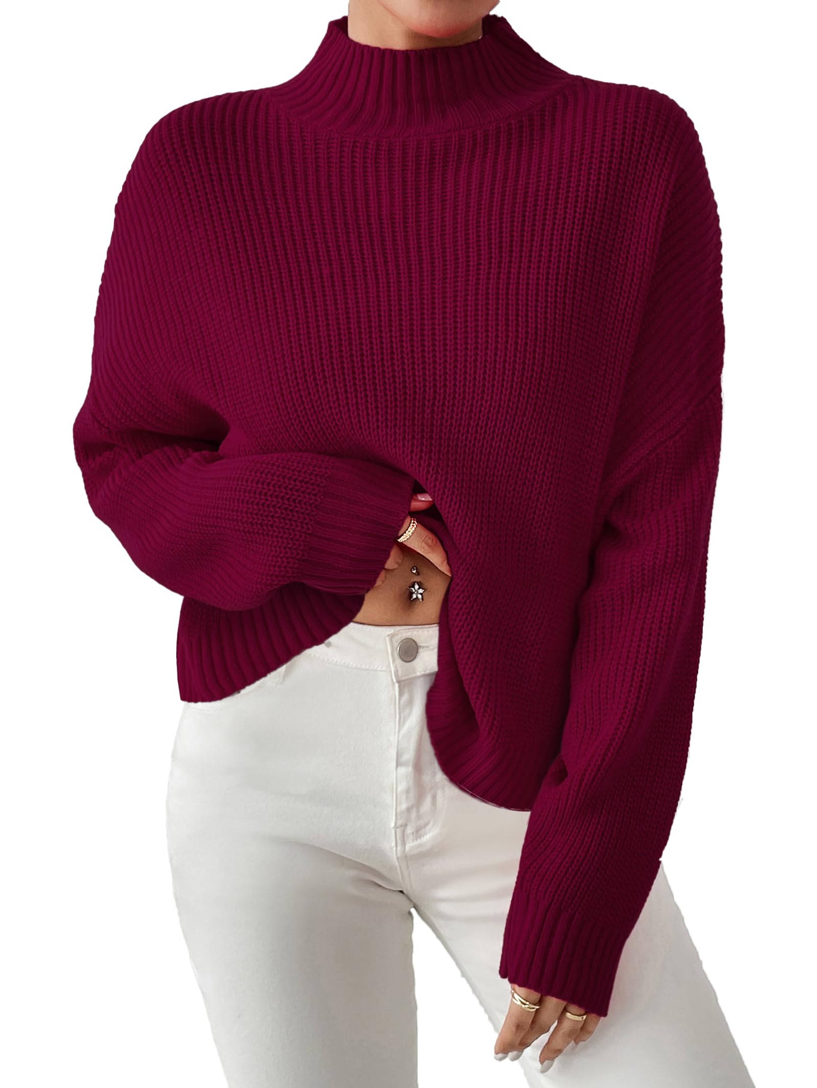 SunnyMelody Womens Cropped Turtleneck Sweater Fall Winter Spring 2025 Trendy Cute Mock Turtle Neck Cozy Soft Ribbed Knit Lightweight Long Sleeve Crop Knitted Pullover Sweaters Jumper Ancora Red S
