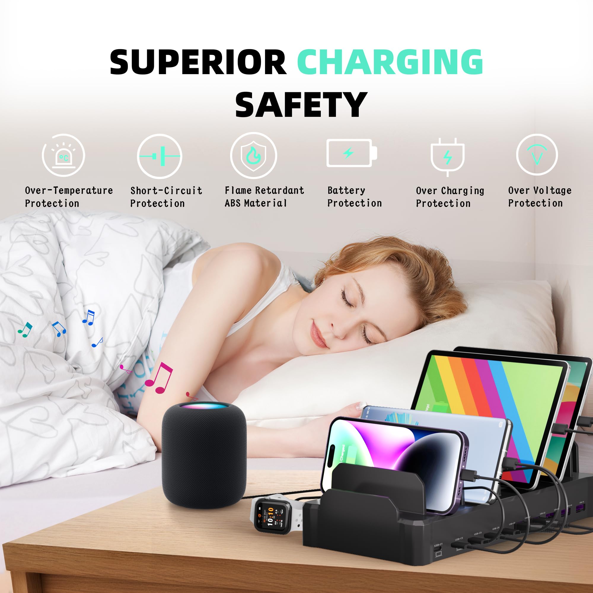 420W Charging Station for Multiple Devices, Zobirez 10-Port USB C Fast Charger Stations for MacBook, iPhone, Android Cell Phone, iPad, Tablet, Family Multi-Device Organizer Charging Dock, Black