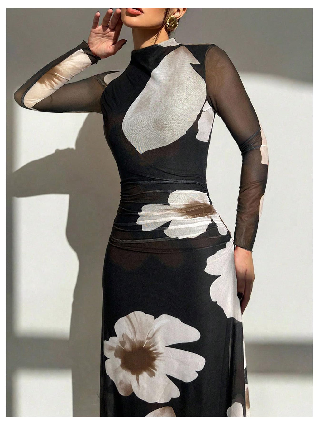 Verdusa Women's Floral Slimming Wedding Guest Dress Long Sleeve Holiday Maxi Dresses Black Khaki Large