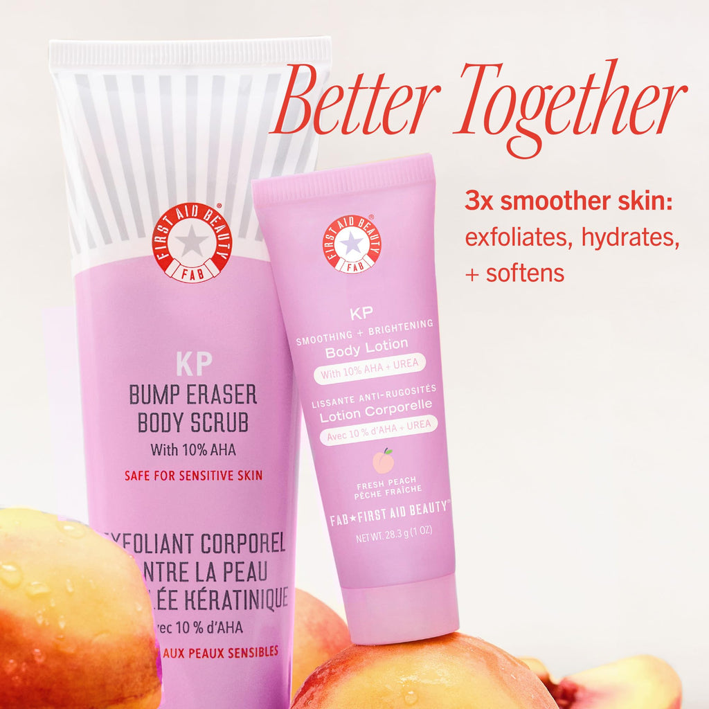 First Aid Beauty - Soft & Smooth Starter Kit, KP Bump Eraser Body Scrub with 10% AHA, 114 g, KP Smoothing Body Lotion with 10% AHA (Fresh Peach), 189.9 g, & Ingrown Hair Pads with BHA + AHA, 28 ct