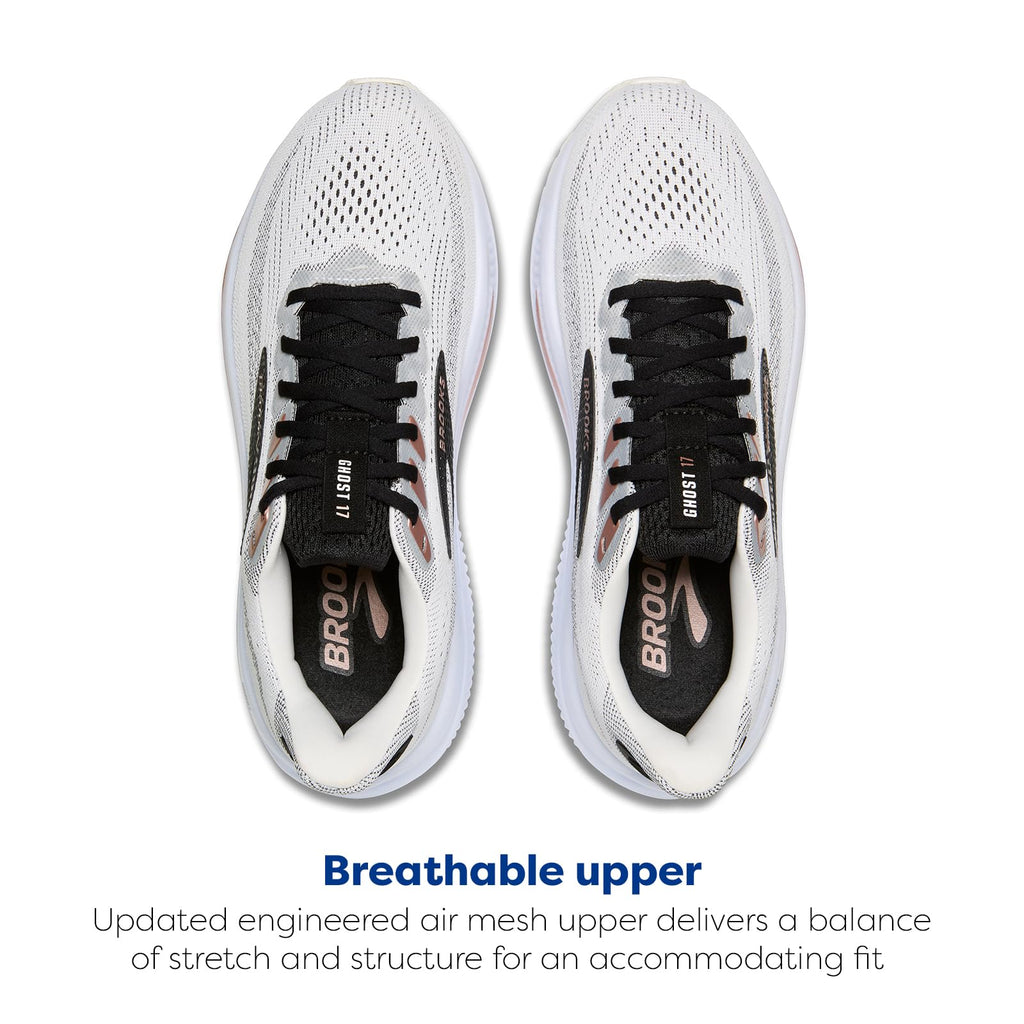 Brooks Women’s Ghost 17 Neutral Running Shoe - White/Black/Rose Gold - 10 Medium