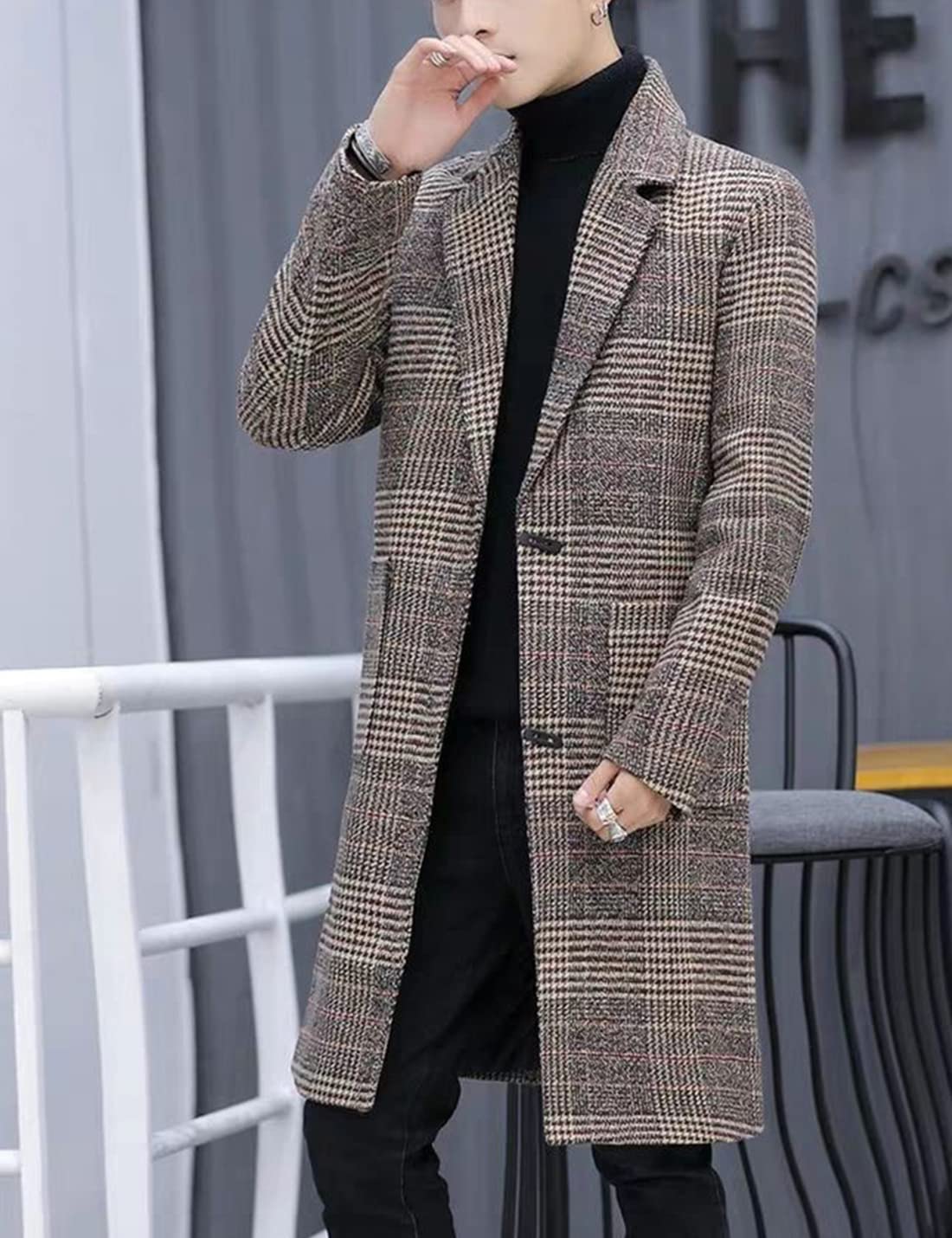 Springrain Men's Wool Blend Pea Coat Notched Collar Single Breasted Overcoat Warm Winter Trench Coat(Khaki-S)