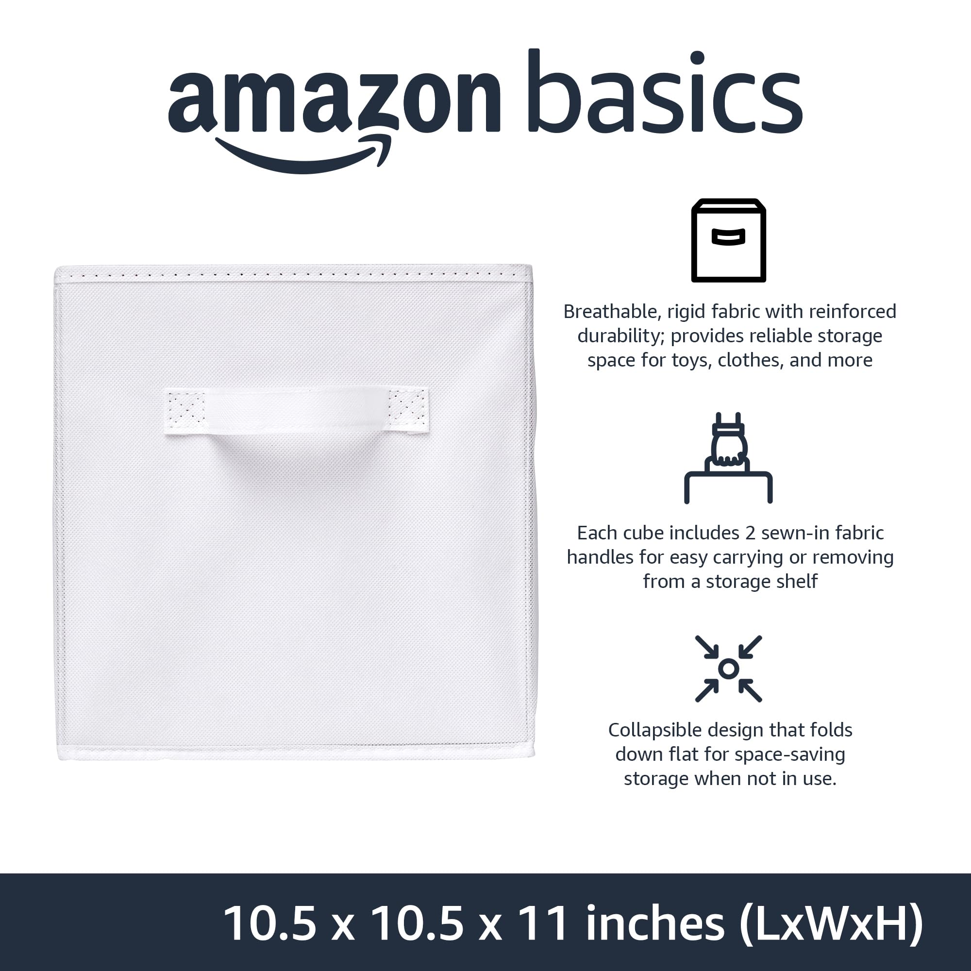 Amazon Basics Collapsible Fabric Storage Cubes Organizer with Handles, Sturdy, White, 10.5-x-10.5-x-11-inch, Pack of 6