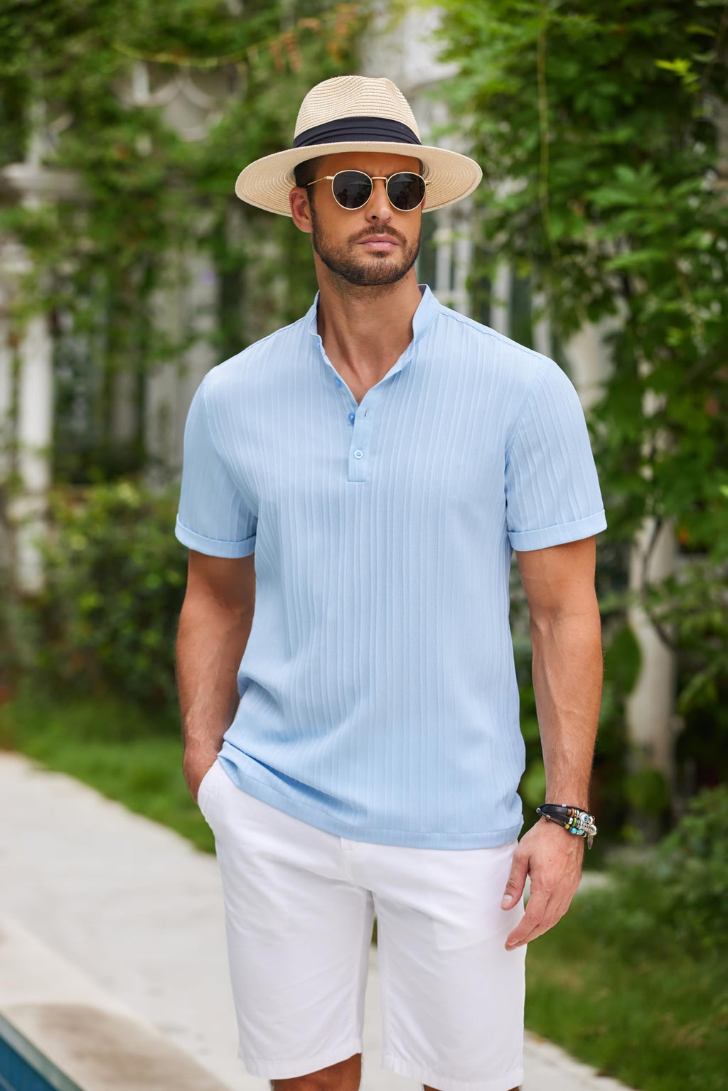 COOFANDY Men's Casual Henley T-Shirt Short Sleeve Summer Beach Linen Hippie Top Light Blue