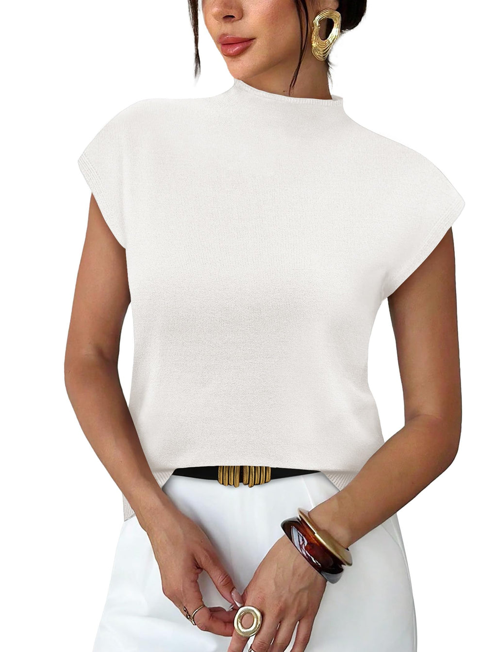 Summer Tops for Women Trendy 2026 Fashion Spring Sweaters Lightweight Turtleneck Cap Sleeve Tops Busineess Casual Outfits Vacation Shirts Dressy White Blouses Ladies Work Clothes L