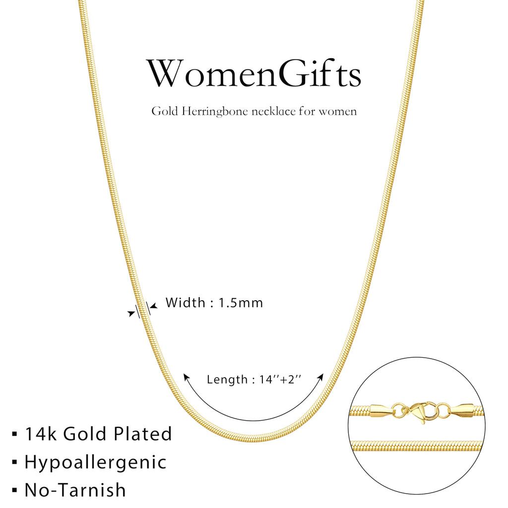 WomenGifts 14K Gold Plated Snake Chain Necklace for Women Men, 316L Stainless Steel Herringbone Flat Link Chain, Waterproof Non-Tarnish High Polished Jewelry, Minimalist Layering Choker for Gift
