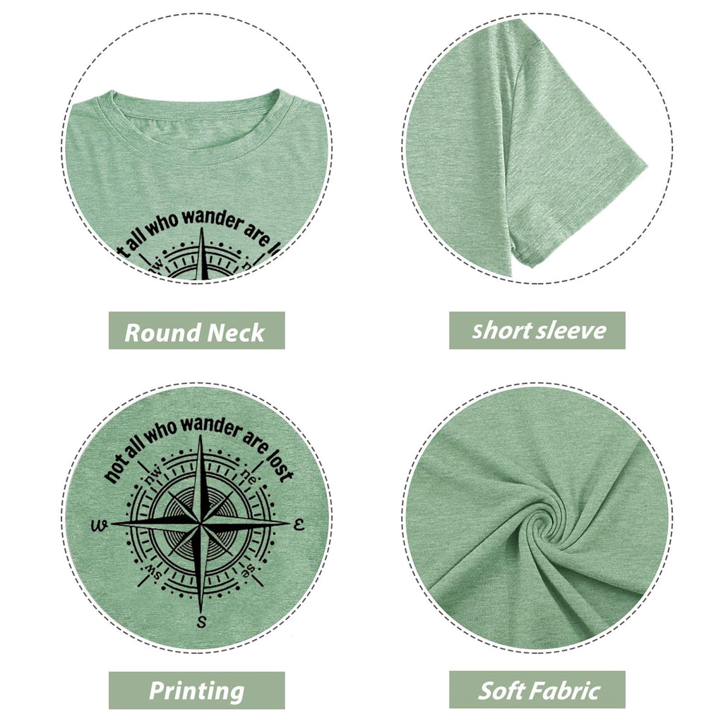 Graphic T-Shirts for Women Hiking Camping Trip Compass Printed Vintage Summer Casual Tees Holiday Workout Tops (Light Green, XL)