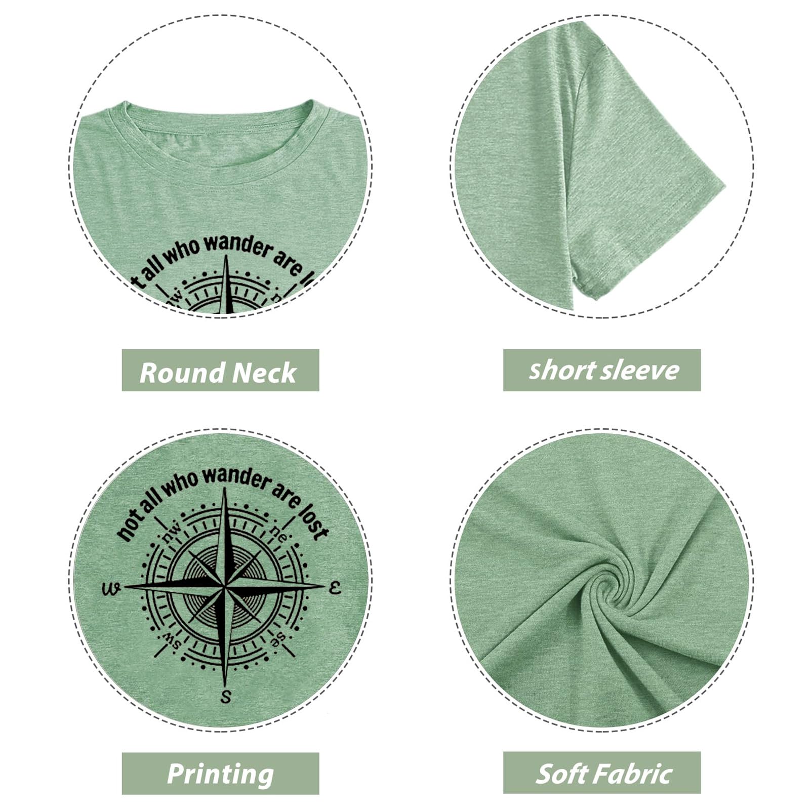 Graphic T-Shirts for Women Hiking Camping Trip Compass Printed Vintage Summer Casual Tees Holiday Workout Tops (Light Green, XL)