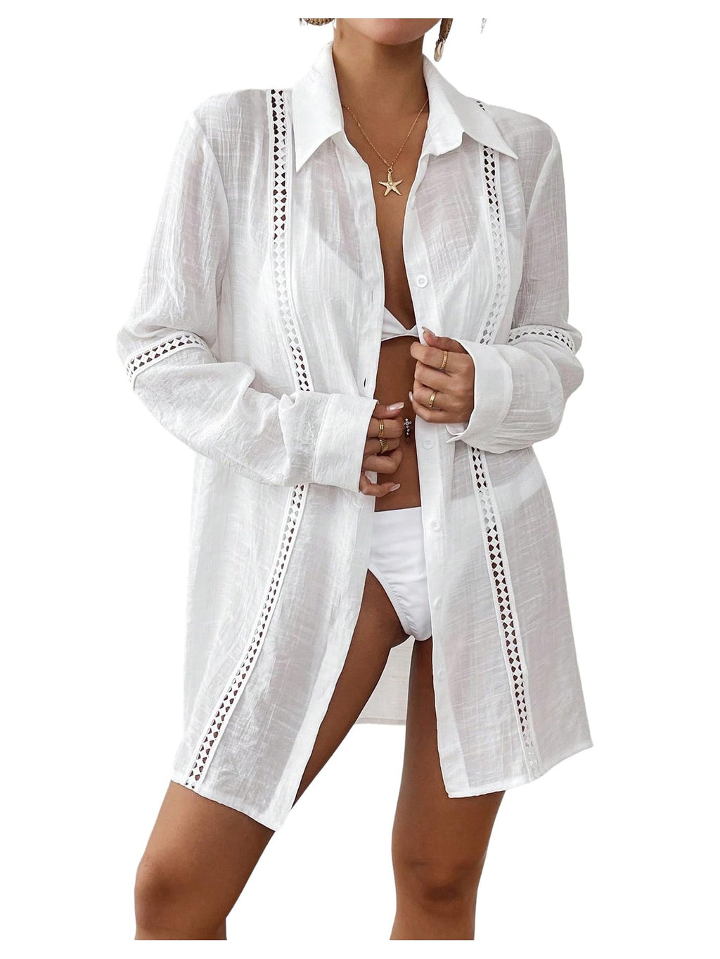 WDIRARA Women's Swim Cover Up Long Sleeve Button Down Kimono Beach Shirts Coverups White Small