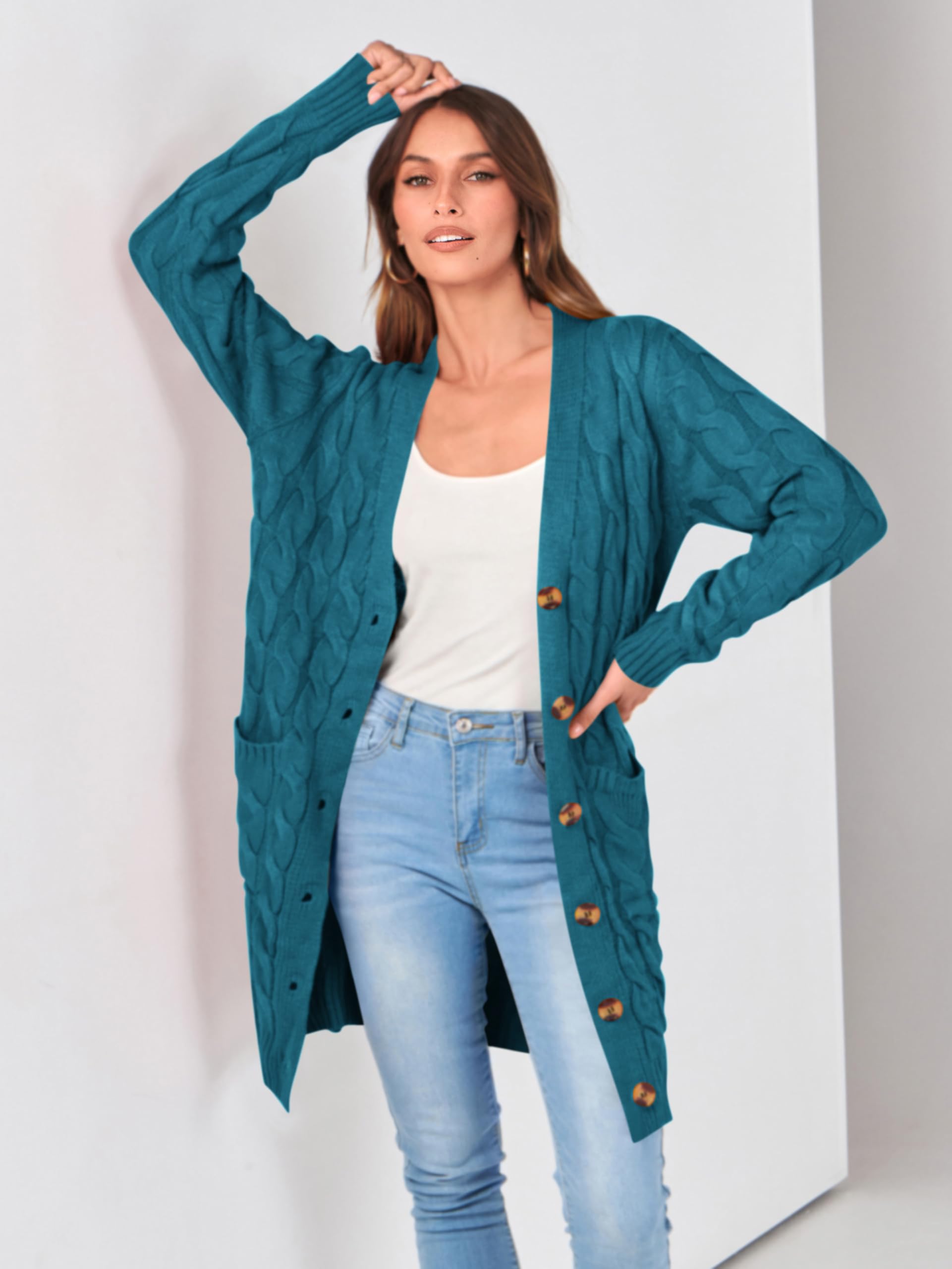PRETTYGARDEN Long Sleeve Cable Knit Long Cardigan for Women 2026 Spring Winter Chunky Open Front Button Sweaters with Pockets(Cyan,Small)