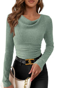 PRETTYGARDEN Women's Long Sleeve Cowl Neck Ribbed Knit Spring Shirts Slim Fit Ruched Going Out Crop Tops Basic T-Shirts(Bean Green,X-Large)
