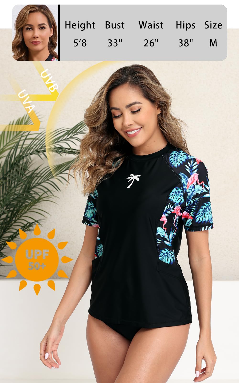 Halcurt Women's Short Sleeve Rash Guard Swimsuit Top with Pocket Swim Shirt Only UPF50+ Quick Dry Bathing Suit Flamingos M