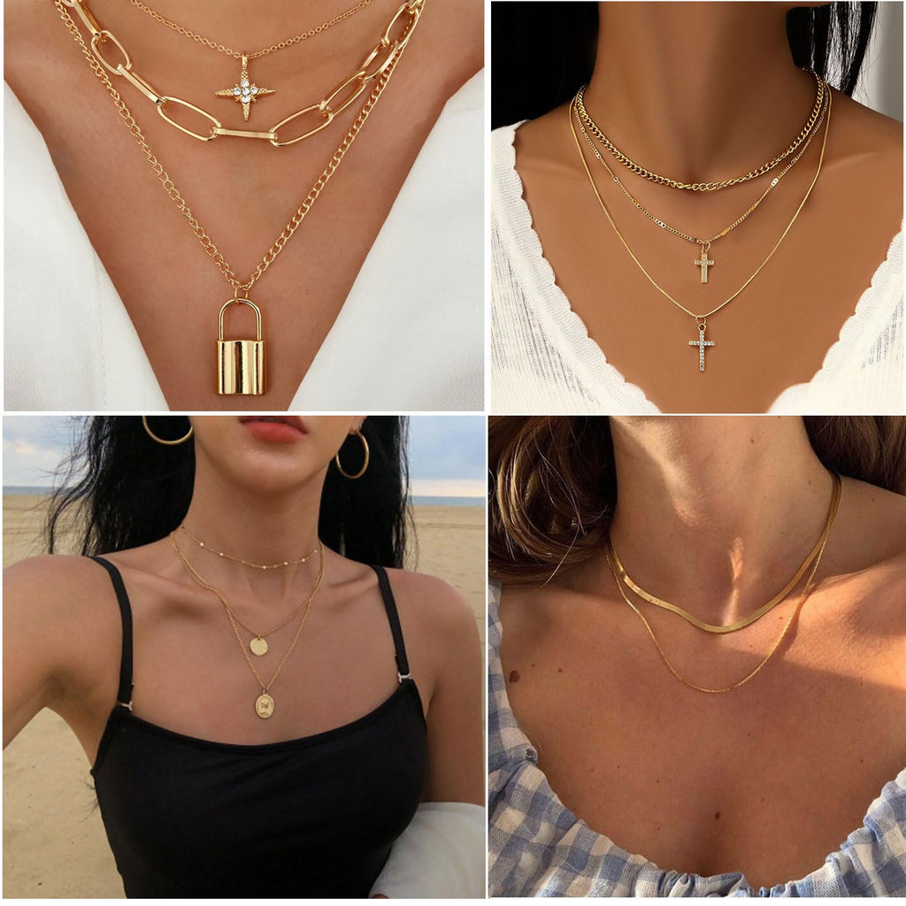 CONGYING 65 Pcs Gold Jewelry Set with 6Pcs Layered Necklace, 11 Pcs anklet and 7Pcs Earring Ear Cuff,11Hoop Earrings,15pcs Rings,15pcs stud earrings Jewerly set for Women Gift