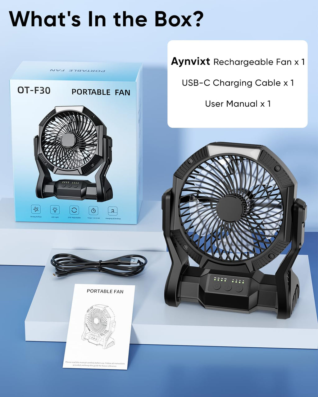 Aynvixt Portable Rechargeable Fan, 20000mAh Battery Powered Camping Fan with LED Light & Hook, 270° Adjustable, 4-Speed, 4H Timer Camping Essentials for Outdoor Tent Travel BBQ Car, Gifts for Men Dad