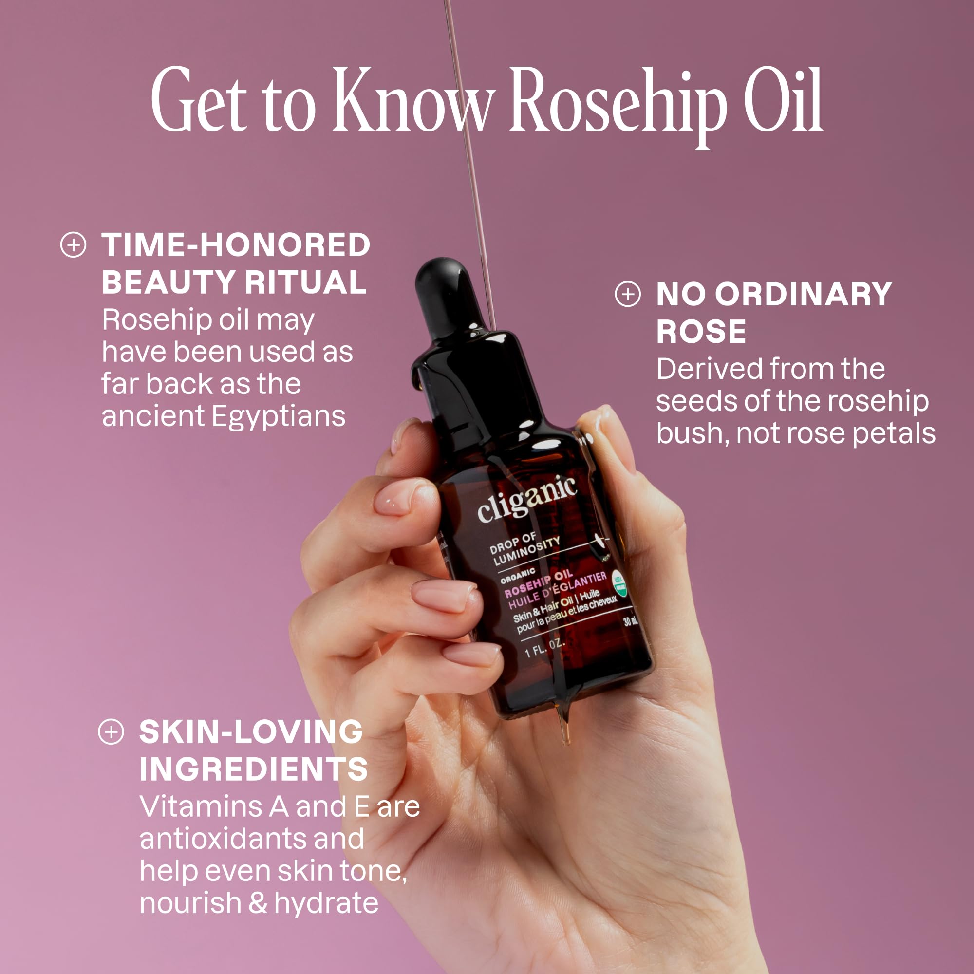 Cliganic Organic Rosehip Seed Oil for Face, 100% Pure | Natural Cold Pressed Unrefined Non-GMO | Carrier Oil for Skin, Hair & Nails