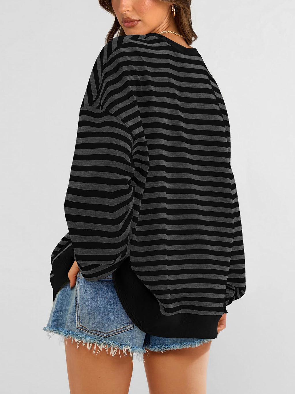 PRETTYGARDEN Women Striped Oversized Sweatshirt Color Block Crew Neck Long Sleeve Casual Pullover Top Spring Y2K Clothes (Black Dark Grey, Small)