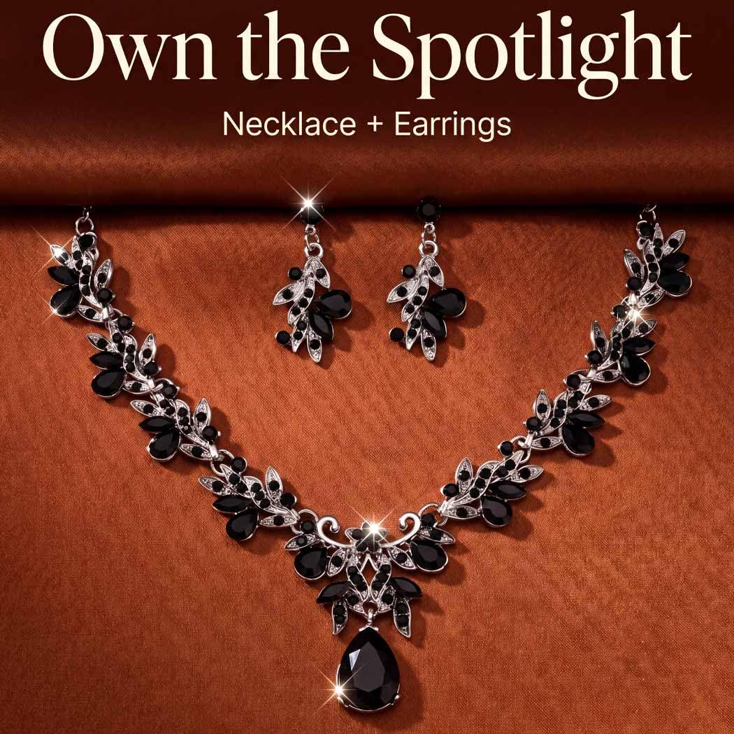 Brishow Jewelry Sets for Women Black Rhinestone Necklace Earrings Set Silver Leaf Costume Jewelry for Prom Formal Events