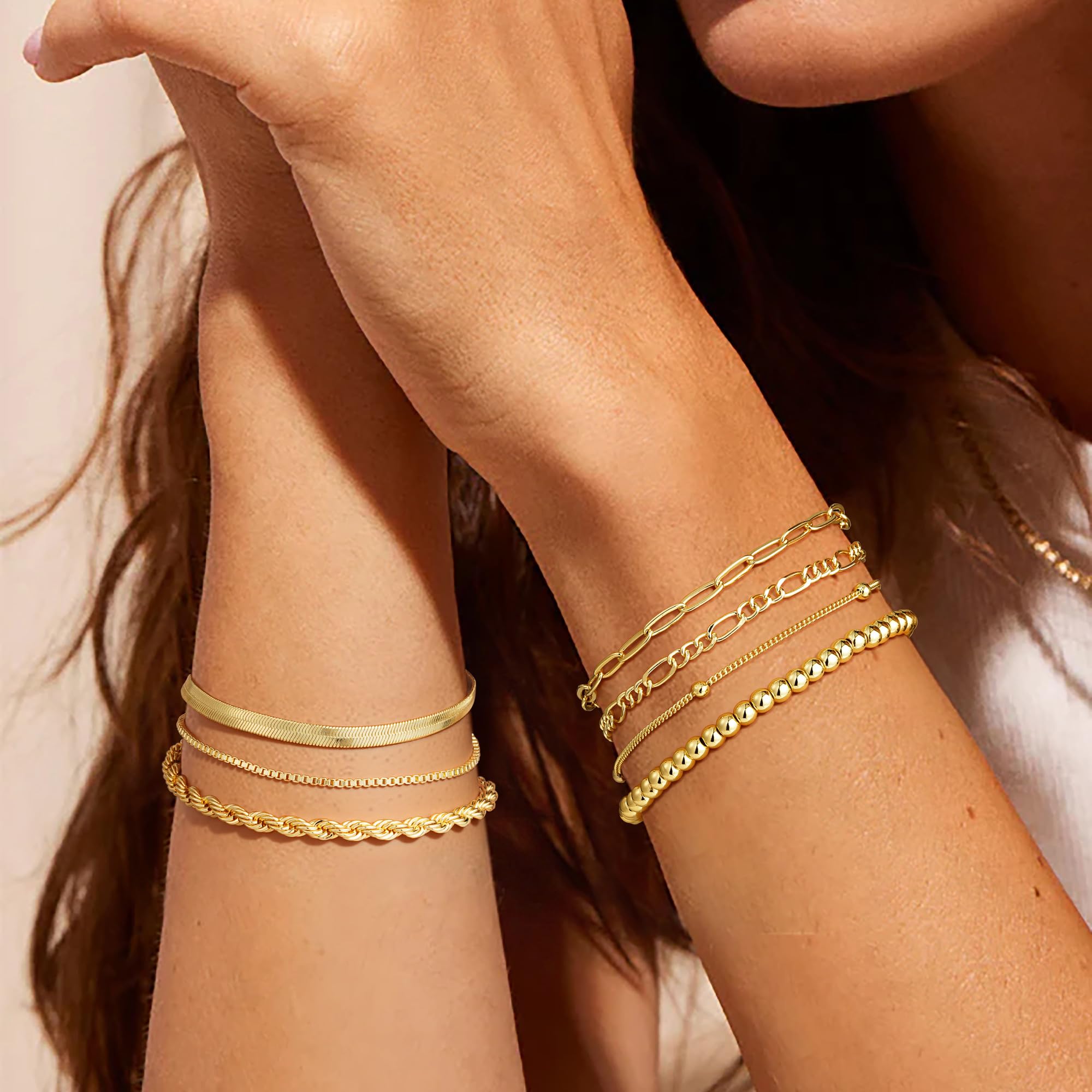 M MOOHAM Gold Bracelets for Women - Dainty 14K Gold Plated Layered Beaded Bracelet Stack Paperclip Snake Rope Figaro Box Satellite Chain Bracelets for Women Non Tarnish Jewelry Mothers Day Gifts