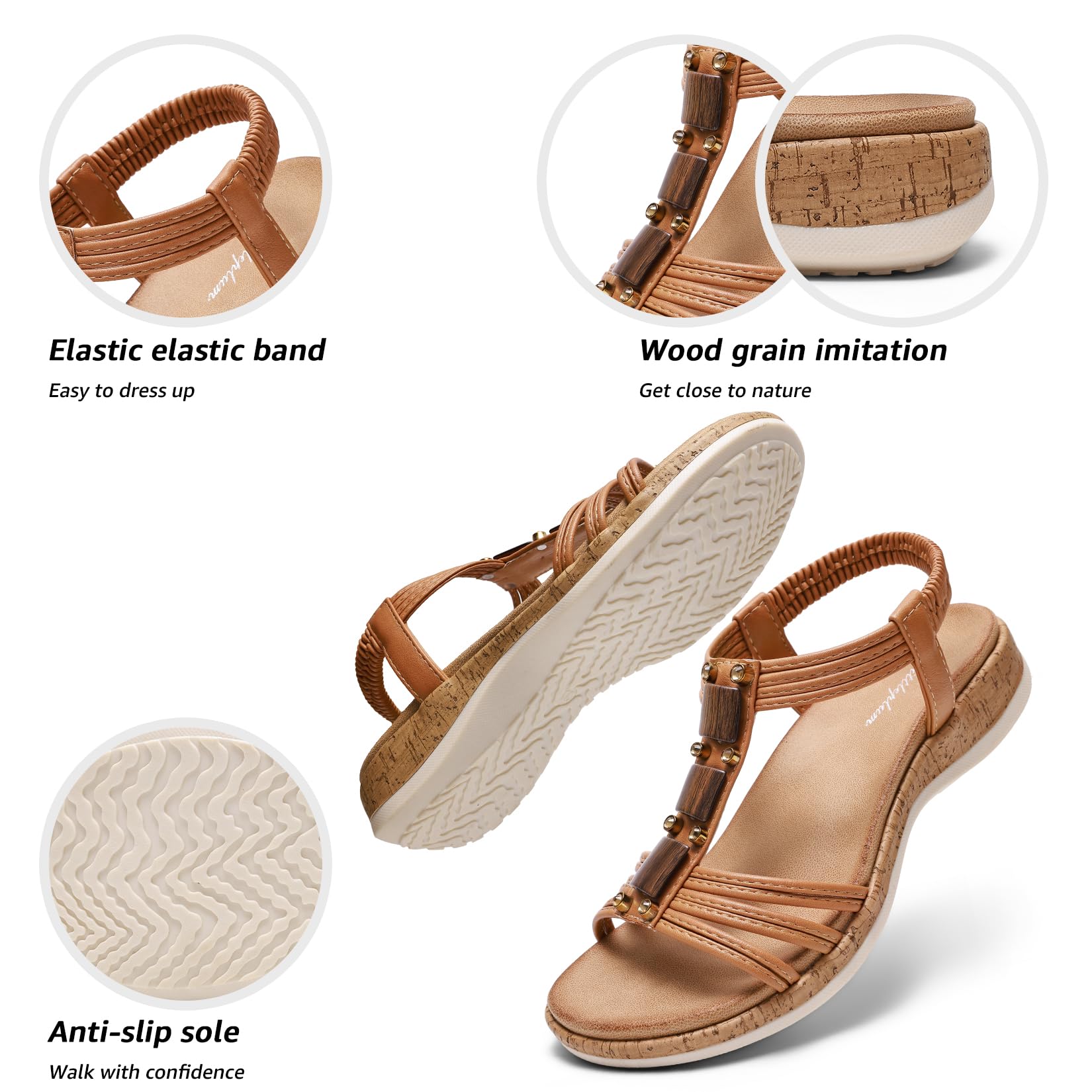 Littleplum Women Flats Sandals Arch Support Open-Toe Casual Summer Low Wedge Shoes for Daily Beach Walking Dressy Comfy Summer Sandals Brown Size 11