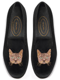Journey West Women's Velvet Loafer Flat with Embroidery Smoking Slippers Slip on Shoes for Women Cat Black US 9.5