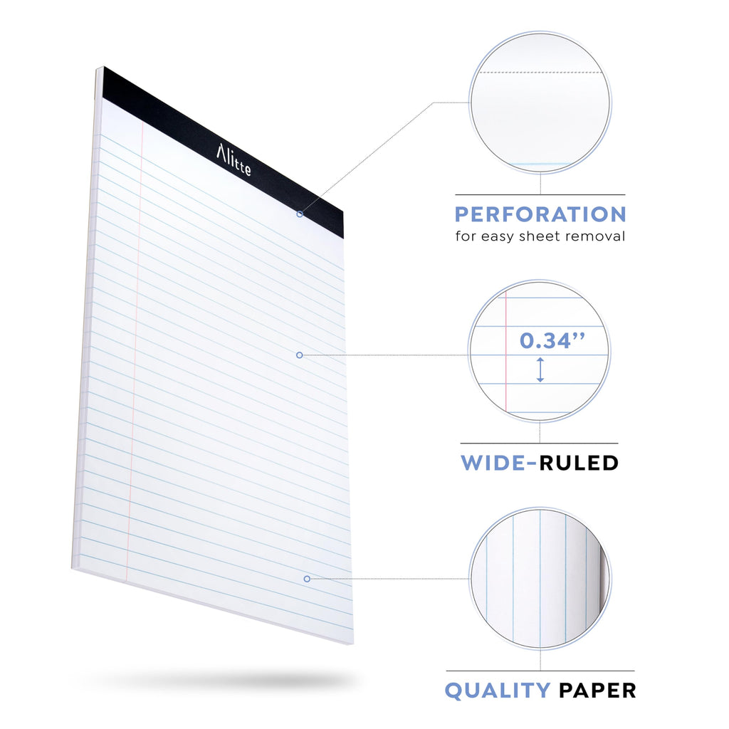 Alitte Legal Notepads 8.5 x 11, Pack of 12 - Perforated Wide Ruled Writing Pad - Premium Thick Paper, No Ink Bleeding - Blank Legal Pads For Home, Office, School, Business - 50 Sheets Per Notebook