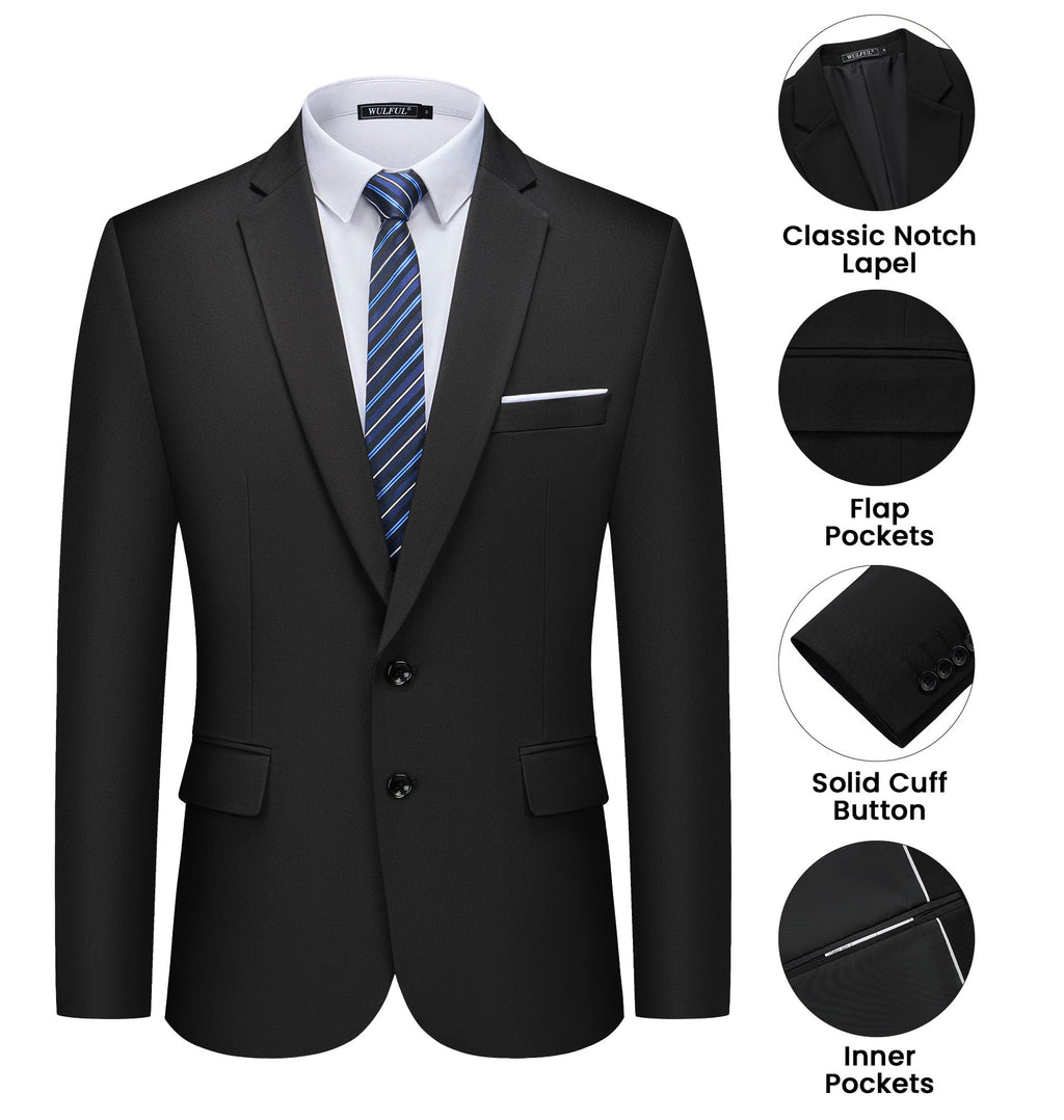 WULFUL Men's 2 Piece Suits Slim Fit Two Button Blazer Jacket Pants Set for Party,Wedding and Business Black