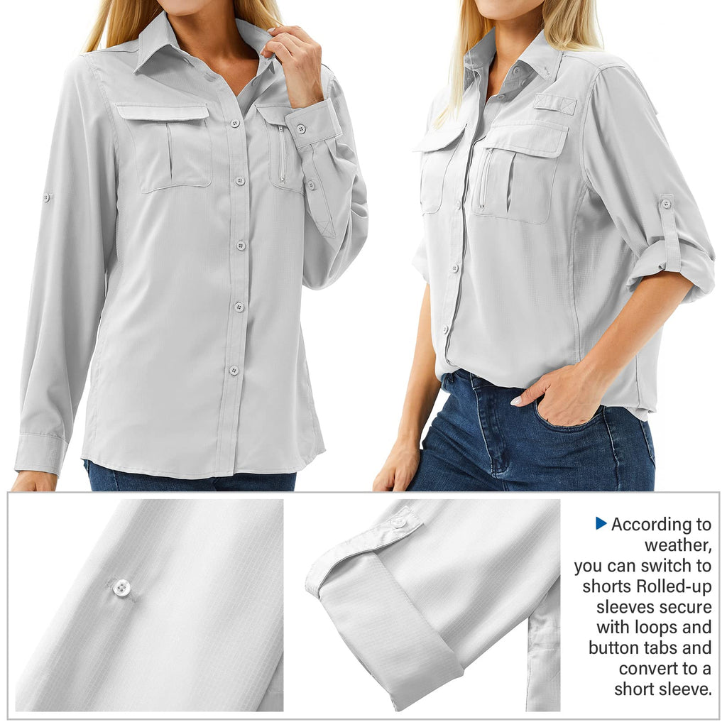Toumett Women's UPF 50 Long Sleeve UV Sun Protection Safari Shirts Outdoor Quick Dry Fishing Hiking Travel Shirts(5071,Grey,M)