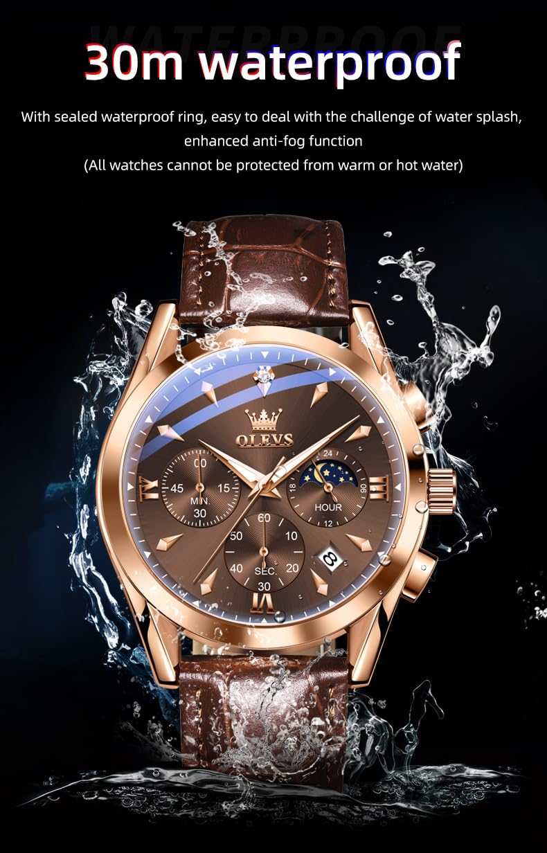 OLEVS Brown Watches for Men Classic Multifunction Chronograph Mens Watches Moon Phase Luminous Waterproof Dress Men's Wrist Watch Luxury Analog Quartz Date Relojes para Hombres