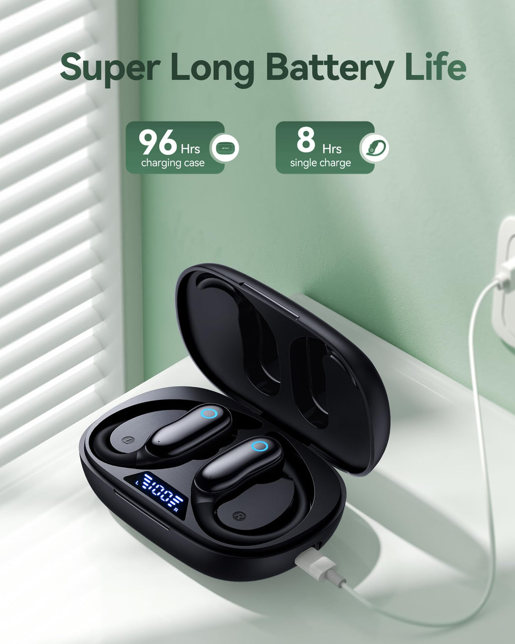 GNMN Active Noise Cancelling Ear Buds Wireless Earbuds 96hrs Playback Bluetooth Headphones Dual Battery Display Stereo Bass Earphones with Earhooks (Standard, Black)