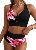Herseas Womens Bikini Sets Lily Print Twist Front Top Supportive Two Piece Swim Suit High Elasticity Tummy Control Breathable Bathing Suits Sexy Black Beach Swim Wear Black Red Floral Medium