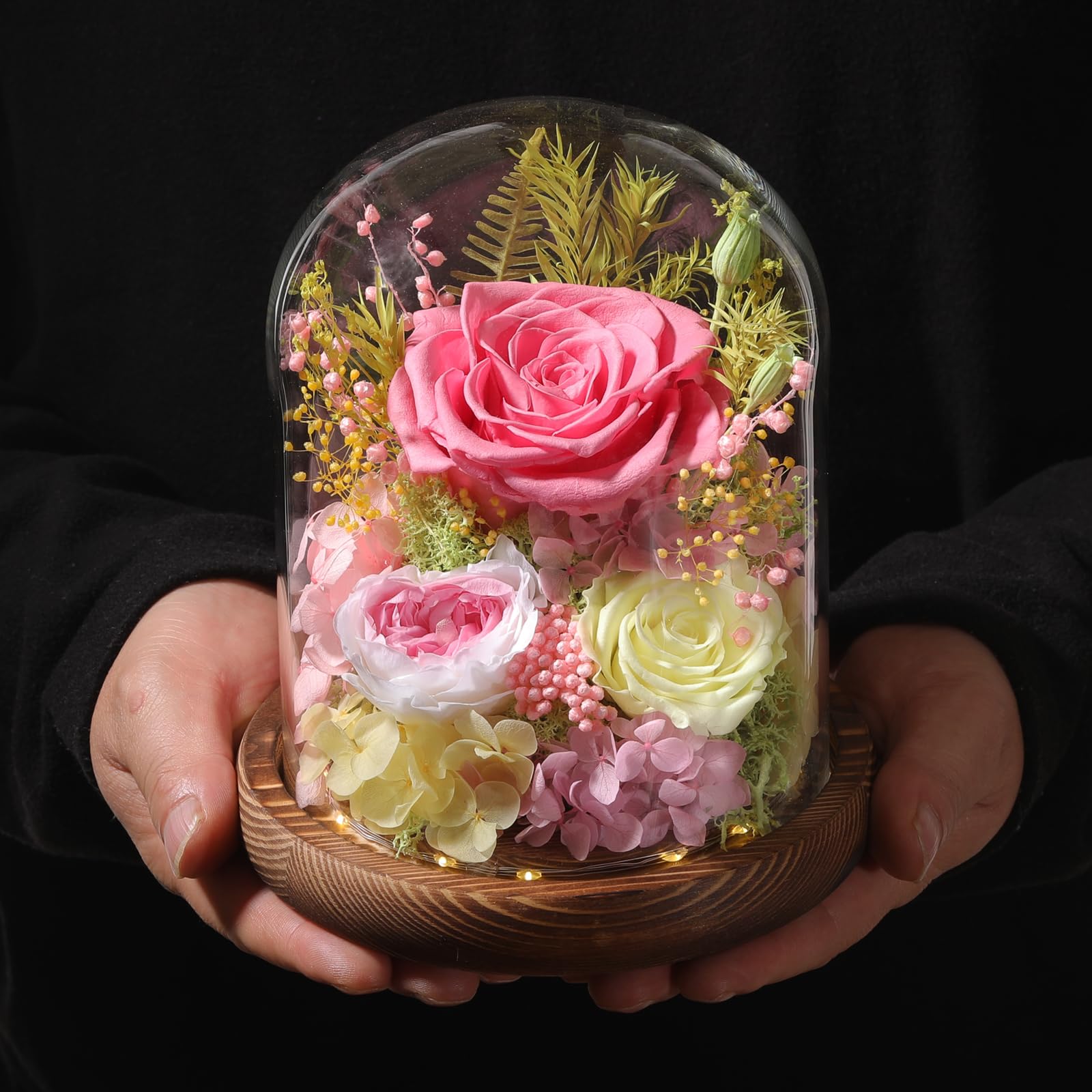 LOVENFOLD Flowers for Delivery Preserved Flowers Pink Roses with LED Light in a Glass Dome,Long Lasting Forever Flowers Birthday Gifts for Women Daughter Mom Wife Friend（Pink Rose）