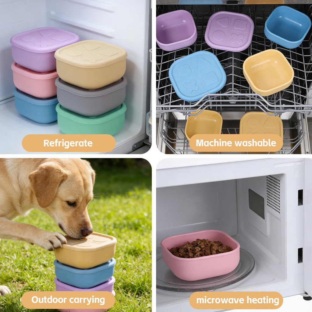Wenceda 6 Packs Silicone Airtight Pets Food Storage Containers with Lids 12.85ozs Dog Cats Food Storage with 2pcs Steel Scoop Leakproof Meal Prep Kit for Canned Pet Food Storage