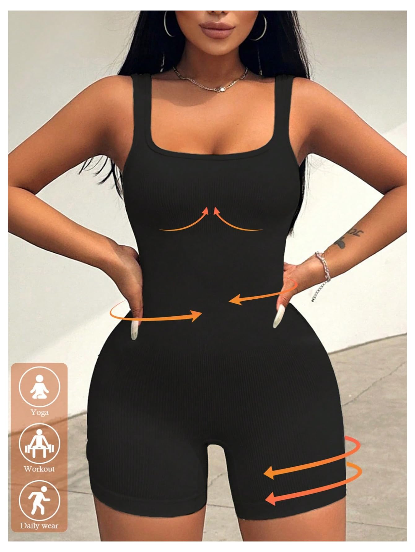 WDIRARA Women's Workout Romper Gym Yoga Unitard Square Neck One Piece Shorts Jumpsuit Black X-Small