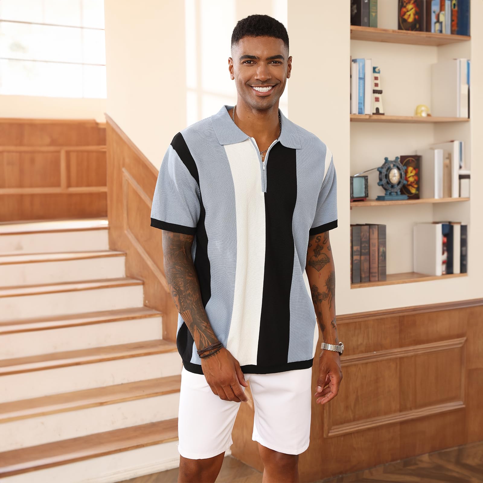 Men's Fashion Polo Shirts Vintage Striped Knitting Shirts Casual Slim Fit Golf Shirts Blue