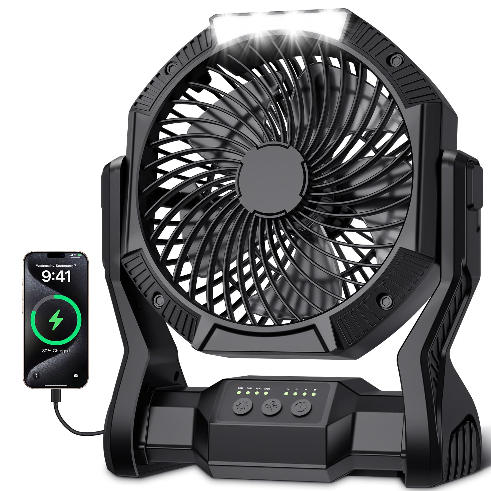 Aynvixt Portable Rechargeable Fan, 20000mAh Battery Powered Camping Fan with LED Light & Hook, 270° Adjustable, 4-Speed, 4H Timer Camping Essentials for Outdoor Tent Travel BBQ Car, Gifts for Men Dad