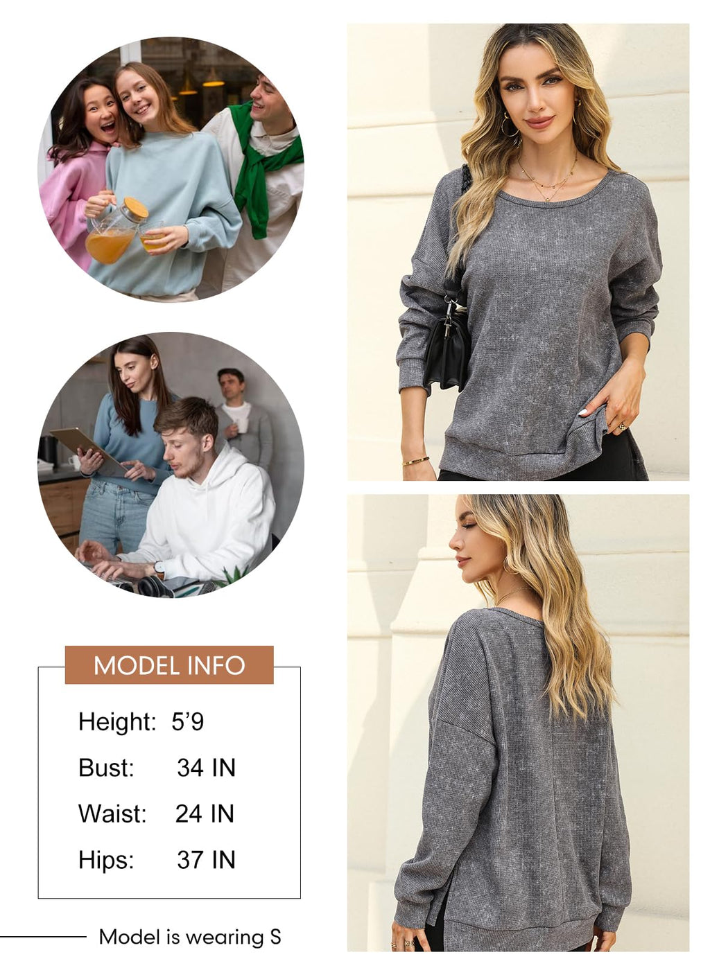 Dokotoo Women's Oversized Sweatshirt for Women Loose Fit Early Fall Fashion Waffle Knit Round Neck Womens Sweatshirts No Hood Long Sleeve Solid Color Shirt Lightweight Soft Tunic Tops Grey Medium