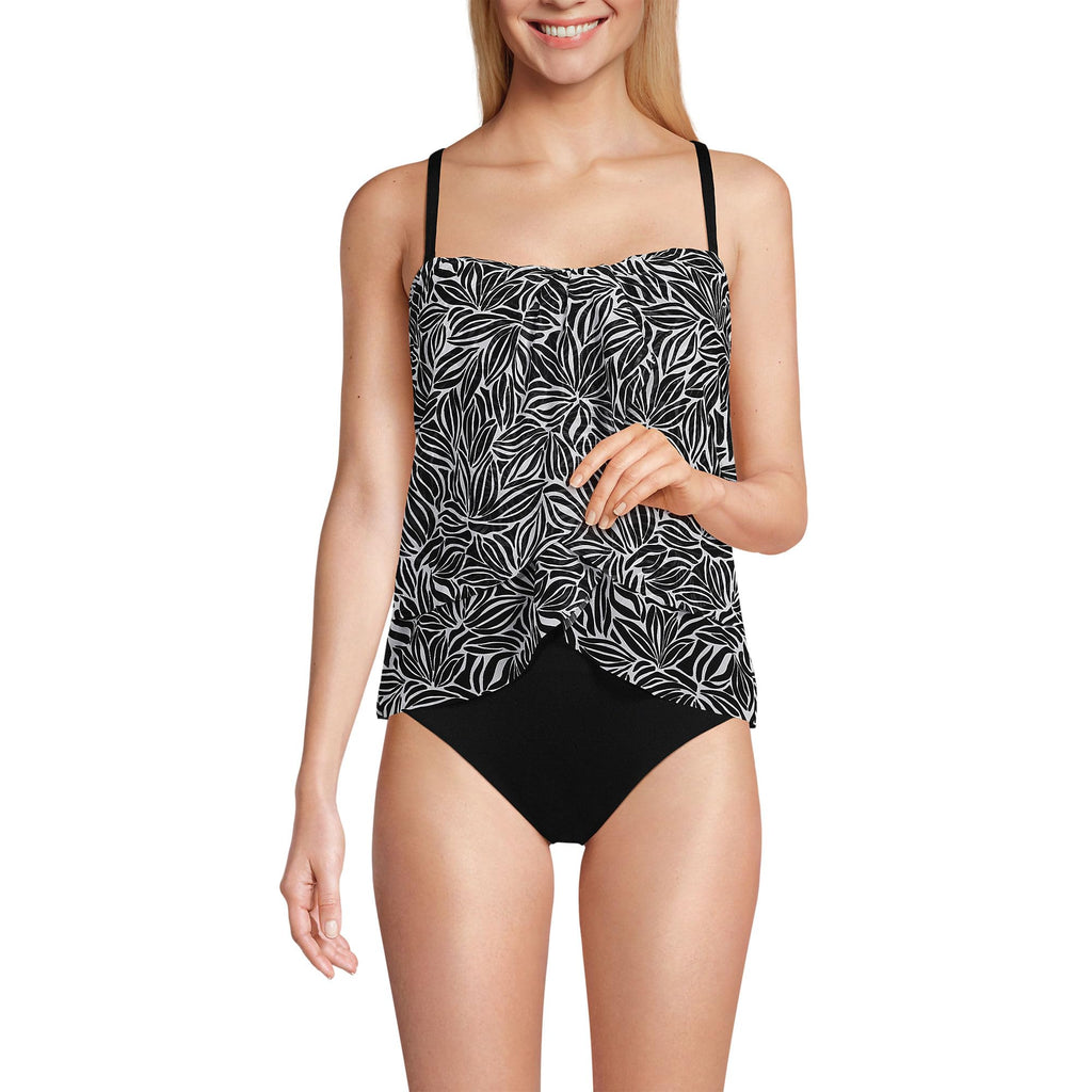 Lands' End Women's Chlorine Resistant Mesh Bandeau High Leg Fauxkini One Piece Swimsuit 2 Black/White Abstract Floral