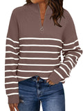 LILLUSORY Women's Quarter Zip Striped Oversized Sweater 2026 Mock Turtleneck Fall Fashion Outfit Nutmeg-White L