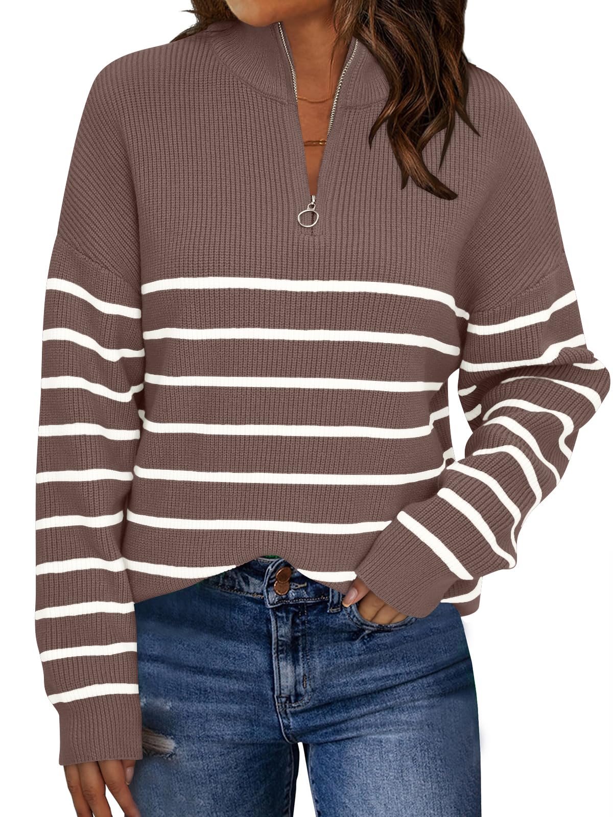 LILLUSORY Women's Quarter Zip Striped Oversized Sweater 2026 Mock Turtleneck Fall Fashion Outfit Nutmeg-White L