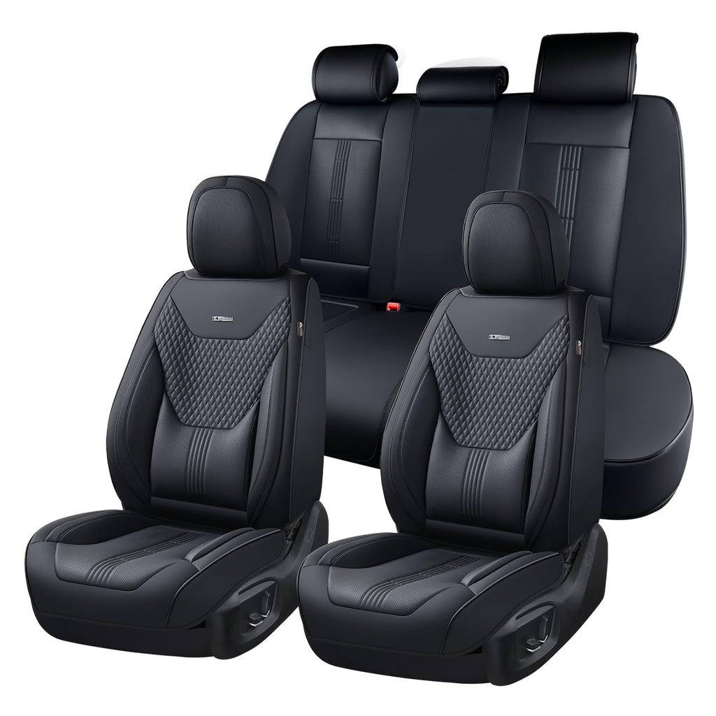 Coverado Car Seat Covers Full Set, Front Seat Covers with Lumbar Support and Back Seat Cover Waterproof Leather Automotive Seat Cover, Universal Car Interior Protectors Cushion for Most Cars
