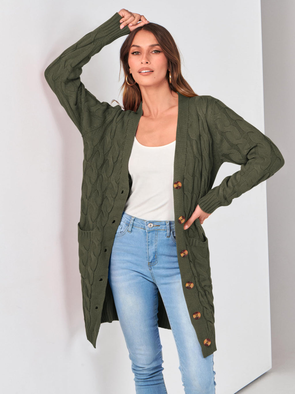 PRETTYGARDEN Long Sleeve Cable Knit Long Cardigan for Women 2026 Spring Winter Chunky Open Front Button Sweaters with Pockets (Army Green, Small)