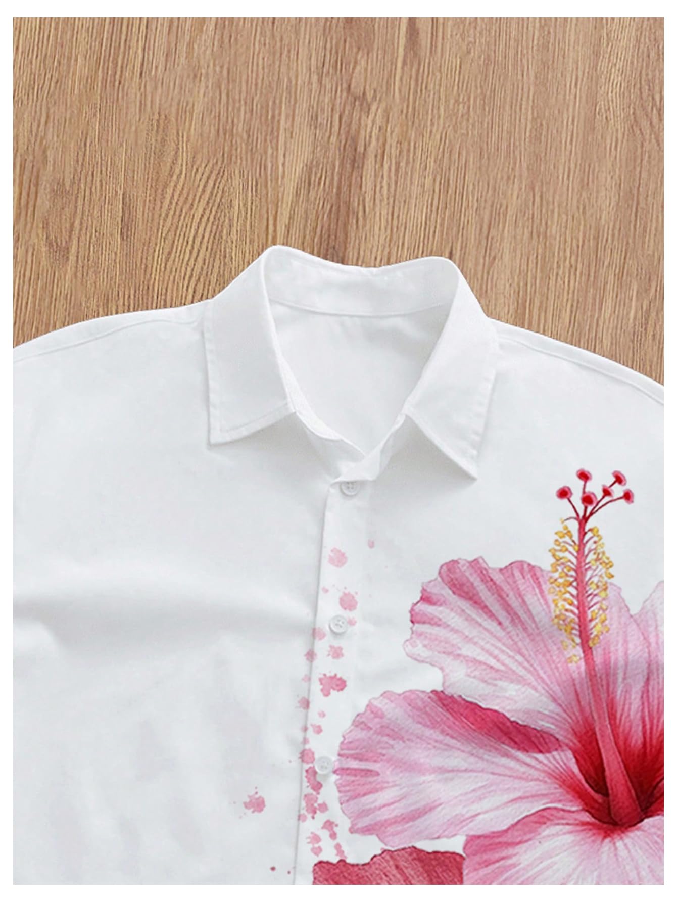 VIPWOLF Men's Oversized Cropped Shirts Button Down Short Sleeve Baggy Floral Beach Summer Shirt Crop Tops White Small