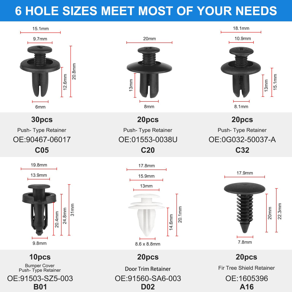 QIIYCCE 120PCS Car Clips & Plastic Rivets - 6 Popular Sizes, Fits Bumpers, Fenders & Most Car Models, Ideal for Body Fixing & Replacement