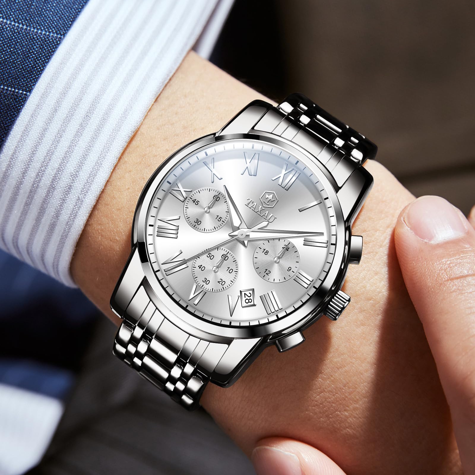 Taxau Silver Watches for Men Stainless Steel Chronograph White Face Multi-Function Men Wristwatch Analog Quartz Fashion Roman Numeral Date Men's Dress Watches Water Resistant Luminous Watch